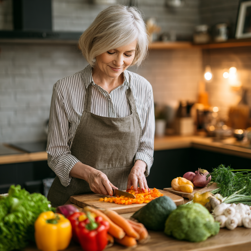 Elderly Ukrainian couple cooking healthy meal together in modern kitchen, smiling and active